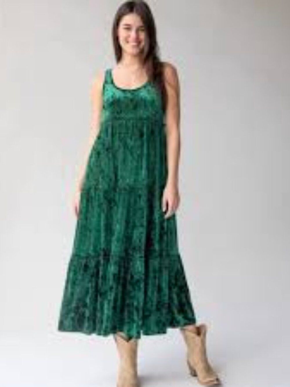 Natural Life Velvet Maxi Dress Emerald Green Tiered Sleeveless Boho Gown Size M
